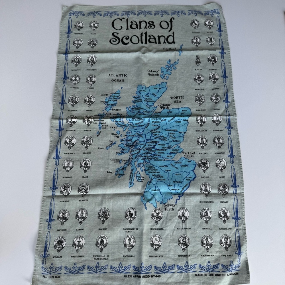 Vintage Pure Cotton Tea Towel Clans Of Scotland Souvenir Map United Kingdom